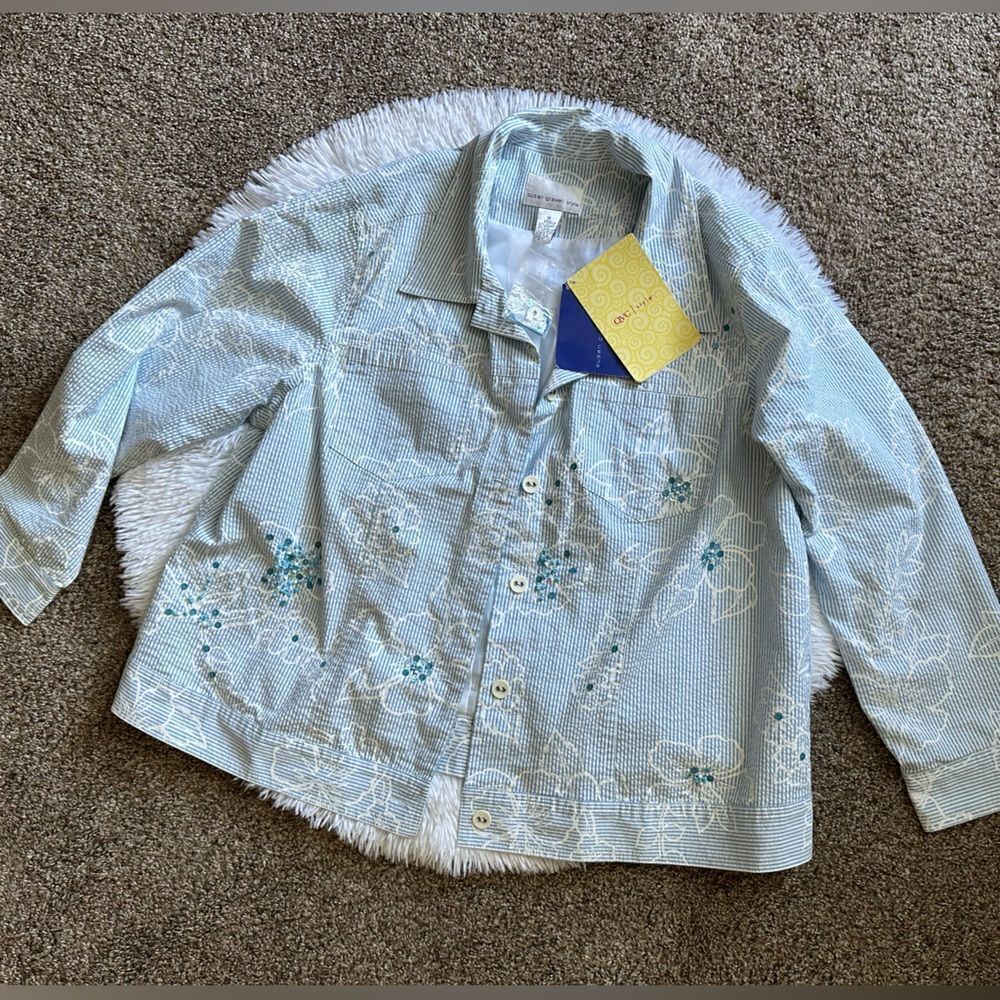 Susan Graver Blazer Jacket QVC Beaded Floral New Blue‎ White Striped Womens 1X